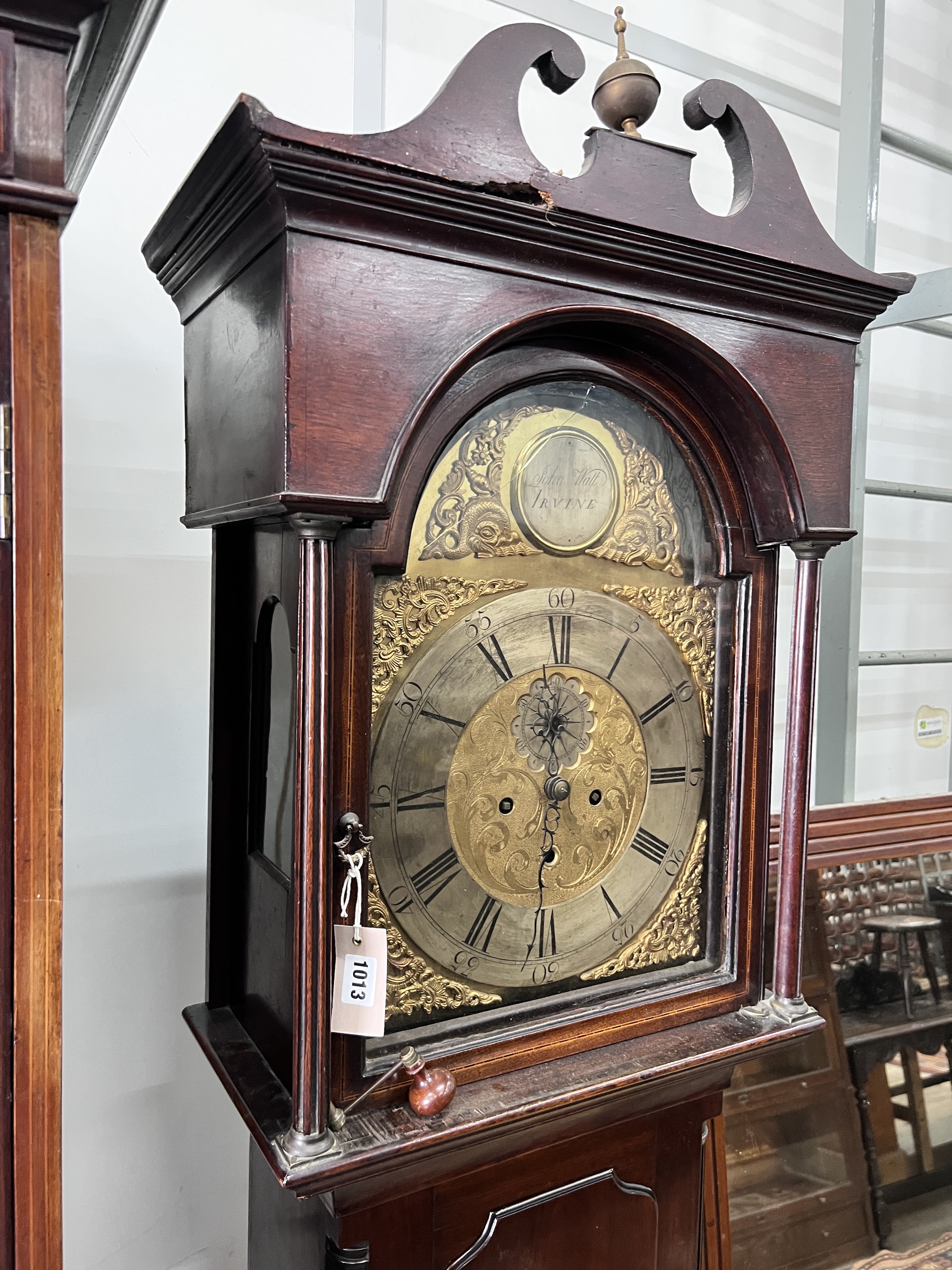 A George III mahogany eight day longcase clock, the arched dial marked John Watt Irvine, height 222cm